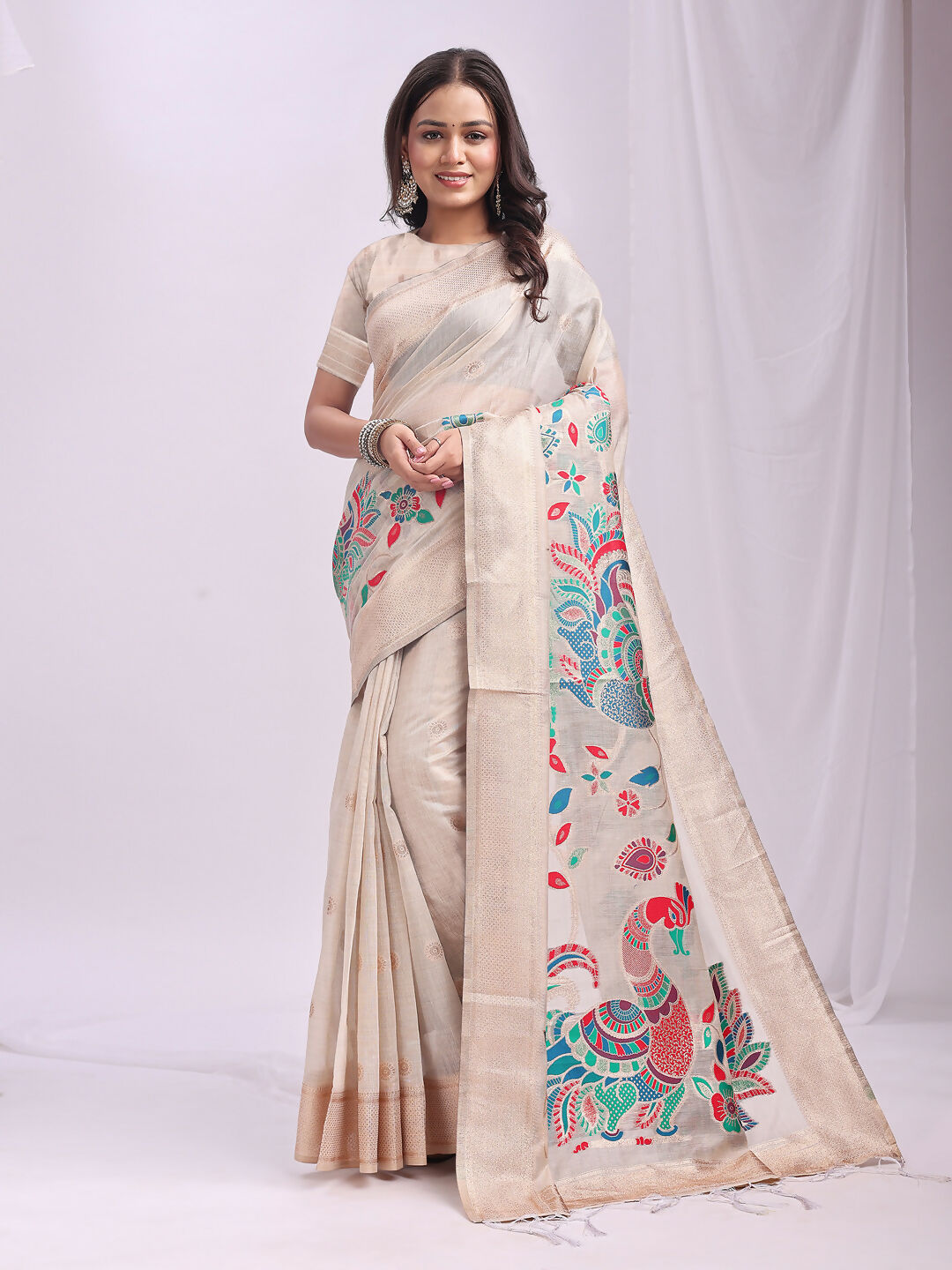 Shree Shyam Fashion Linen Cotton Cream Saree - Distacart