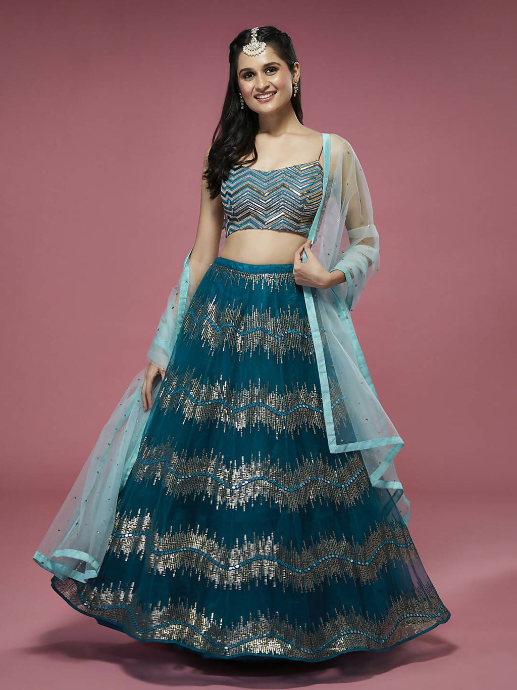 House of Panchhi Teal Net Sequinse Embroidered Lehenga & Blouse with Dupatta