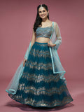 House of Panchhi Teal Net Sequinse Embroidered Lehenga & Blouse with Dupatta
