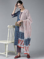 Yufta Women Blue & White Printed Pure Cotton Kurta with Palazzo & With Dupatta