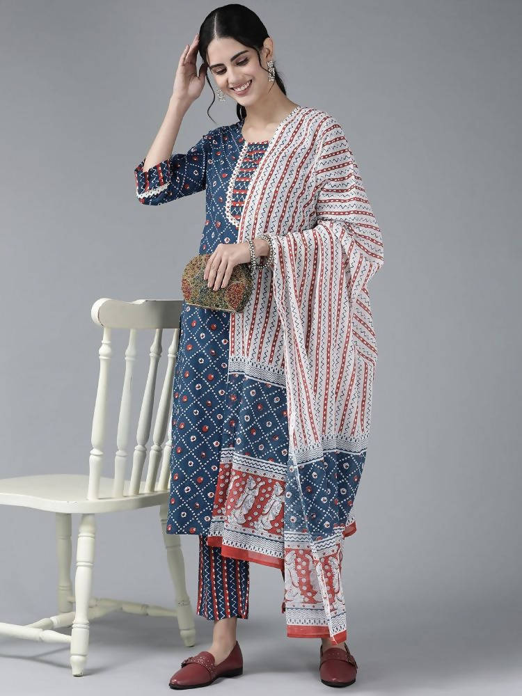 Yufta Women Blue & White Printed Pure Cotton Kurta with Palazzo & With Dupatta