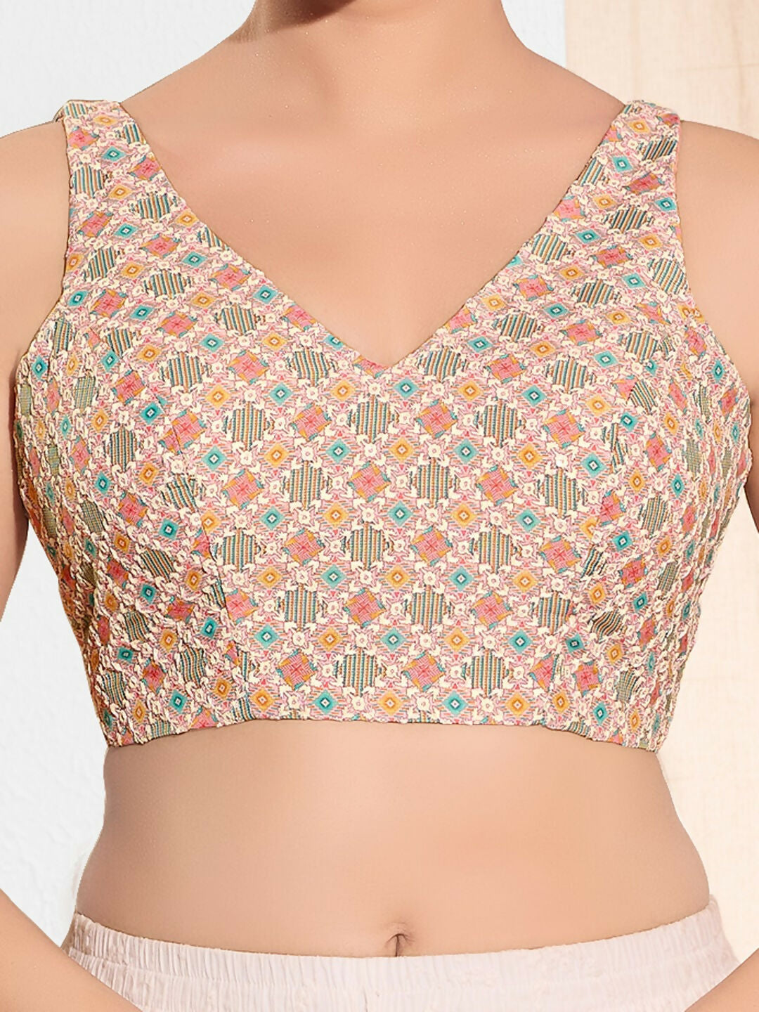 Joban Fashion Peach Jacquard Padded Blouse With V Neck Sleeveless - Distacart