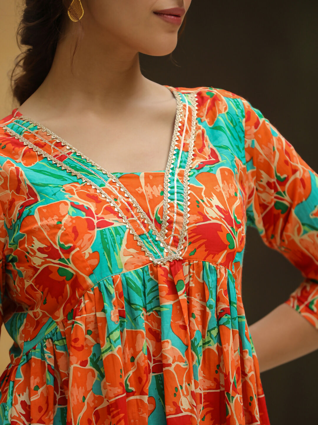 Janasya Orange Cotton Floral Kurta & Bottom