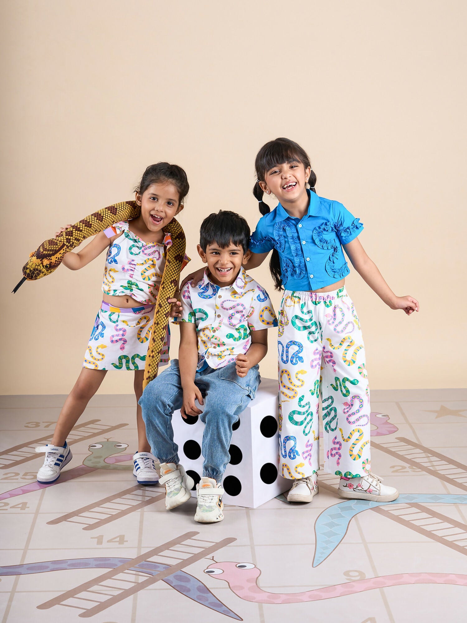Snakes and Ladders Girls Blue Shirt and Multi Color Snake Print Pant Set from Siblings Collection