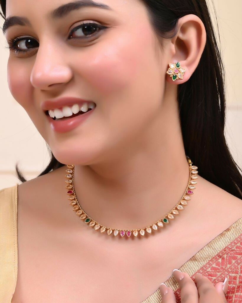 VOJ Gold Tone Stone Studded Drop Shaped Jewellery Set