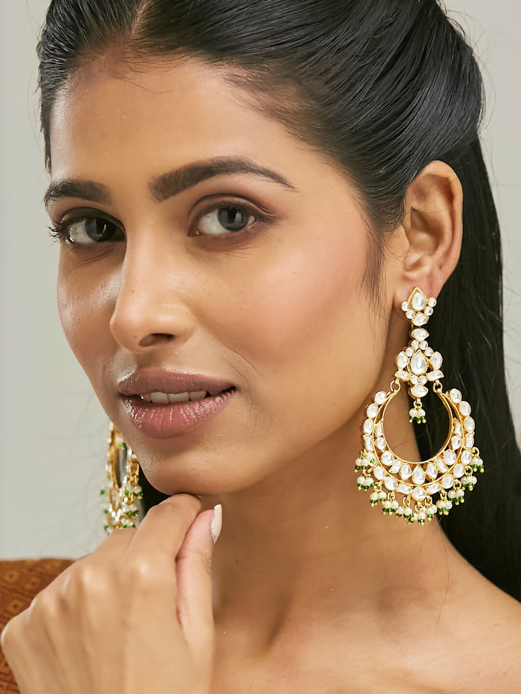 Nuyug 22K Gold-Plated Elegant Kundan Studded & Beaded Floral Chandbali Earrings - Distacart