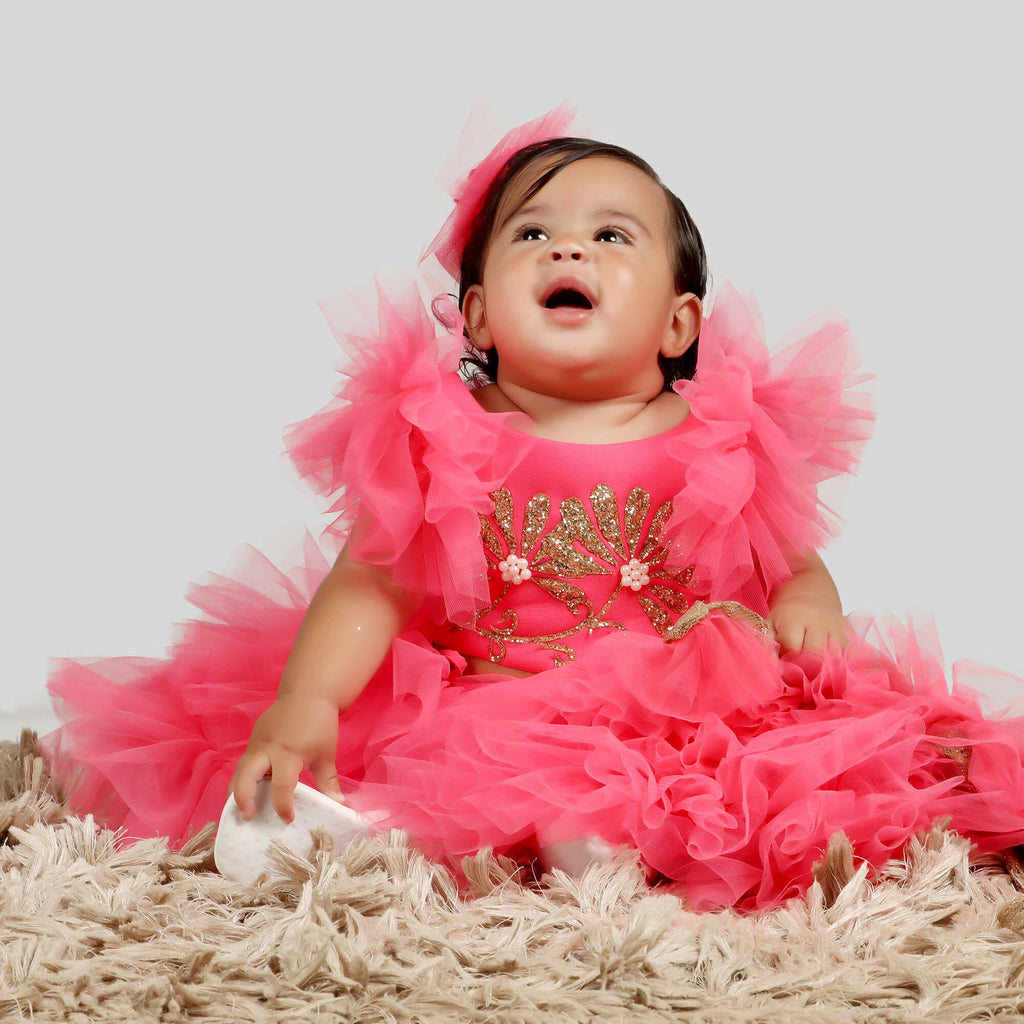 Pink Cow Fashions Pink Gown With Frill Sleeves & Ghera