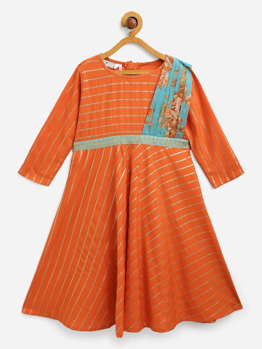 Ahalyaa Orange Crepe Gold Striped Printed Kids Dress Kurta With Attached Dupatta For Girls