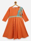Ahalyaa Orange Crepe Gold Striped Printed Kids Dress Kurta With Attached Dupatta For Girls