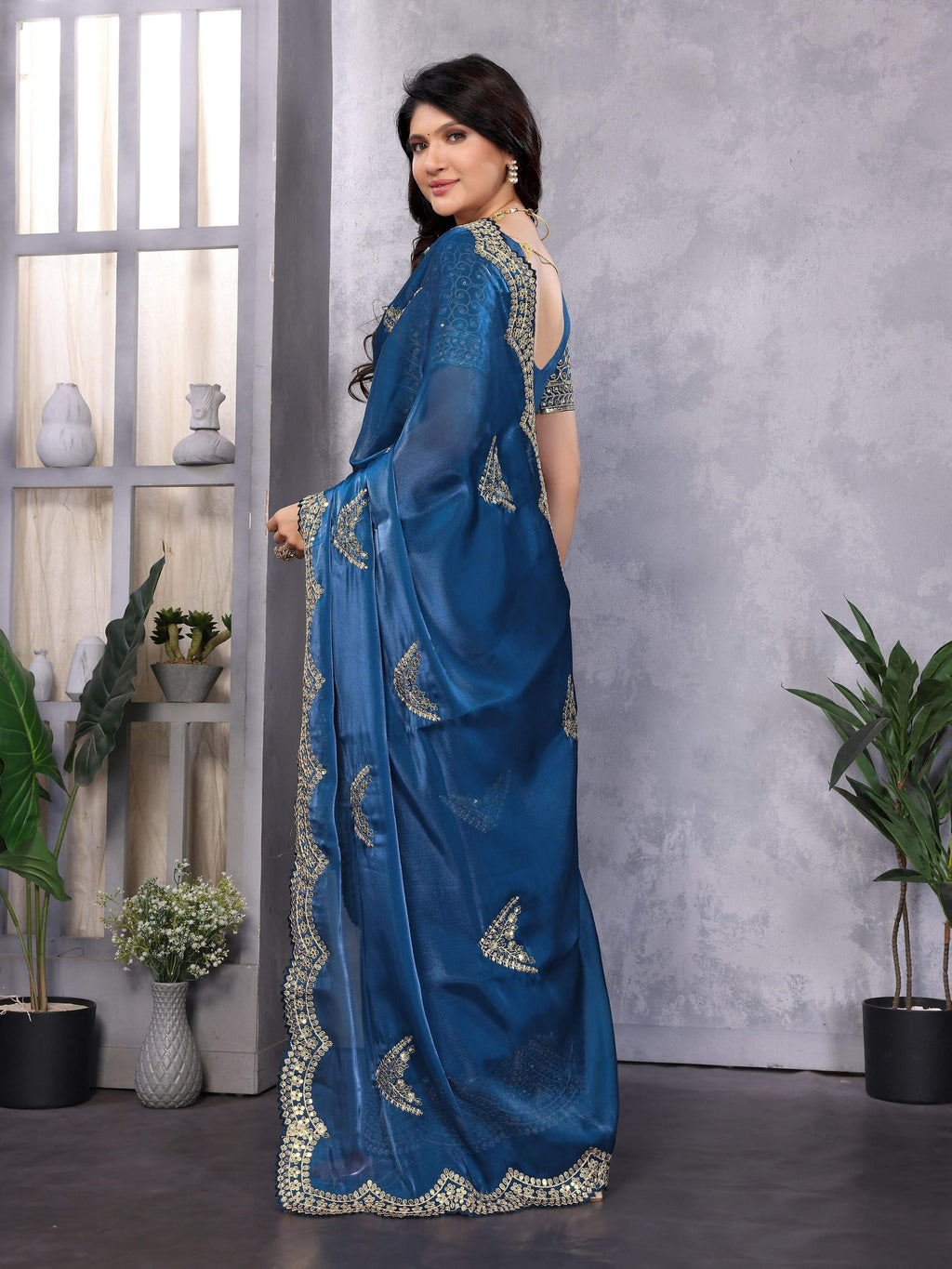 Vastranavya Blue Embroidery Work Shimmer Chiffon Saree with Unstitched Blouse - Distacart