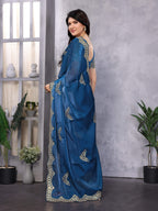 Vastranavya Blue Embroidery Work Shimmer Chiffon Saree with Unstitched Blouse - Distacart