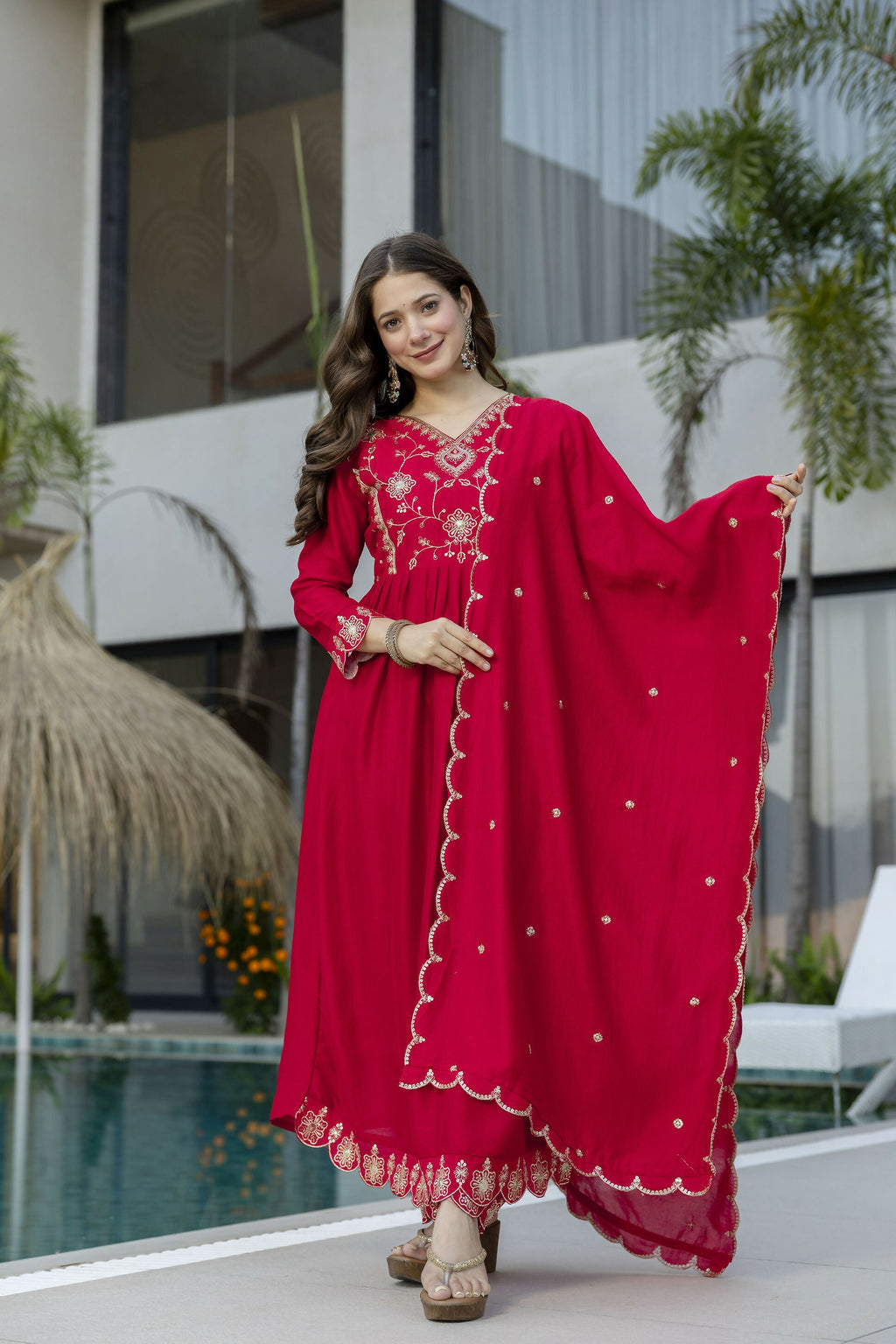 The52 Women's Beautiful Vichitra Silk Fabric Embroidery Work Flared Anarkali Pant and Dupatta Set - Distacart