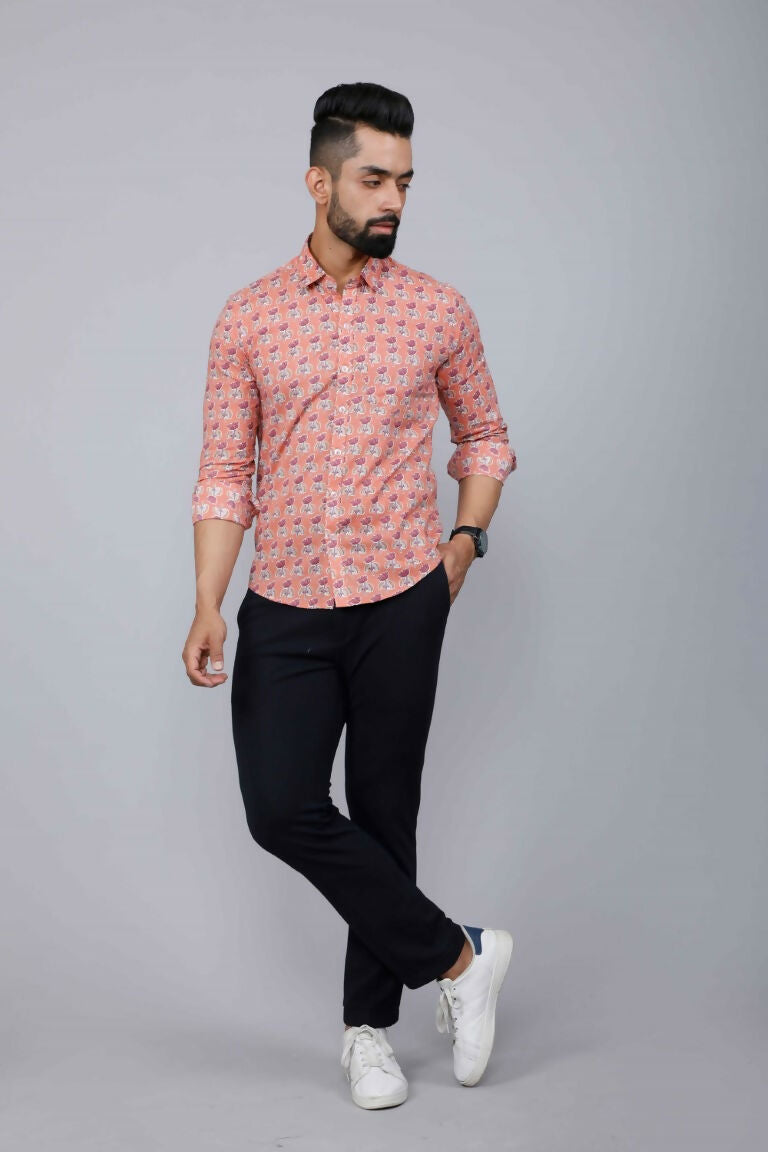 Miravan Men's Peach Spread Collar Floral Print Casual Shirt
