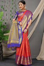 Jyoti Fashion Women's Red Kanjivaram Silk Zari Woven Saree with Blouse