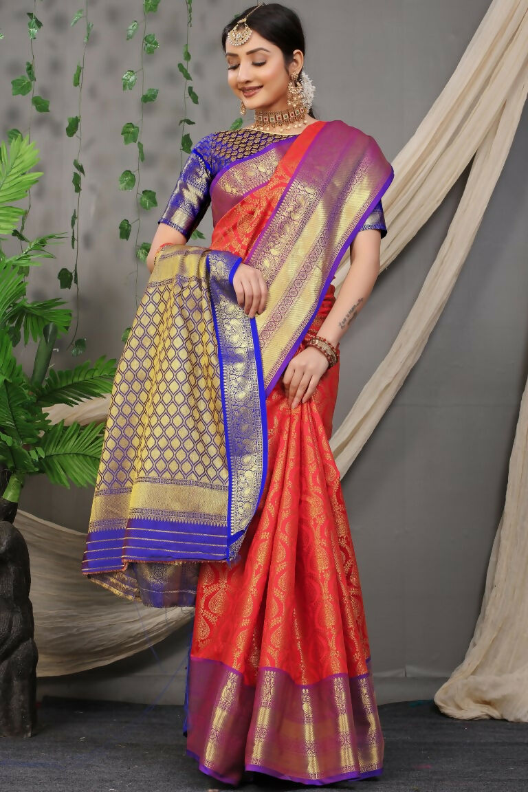 Jyoti Fashion Women's Red Kanjivaram Silk Zari Woven Saree with Blouse