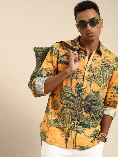 Yellow Men Pure Cotton Relaxed Floral Opaque Printed Casual Shirt - Mahotsav