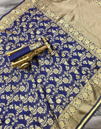 DEIANA'S Beautiful Designer Golden zari Soft Lichi Silk Saree - Blue