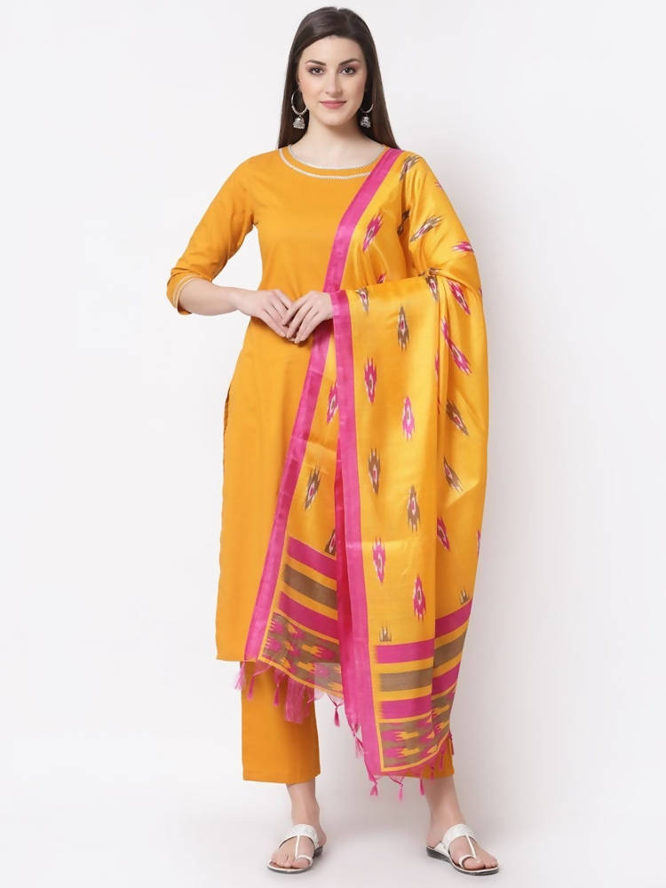 Myshka Mustard Color Cotton Solid Kurta With Pant Dupatta Set