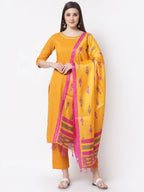Myshka Mustard Color Cotton Solid Kurta With Pant Dupatta Set