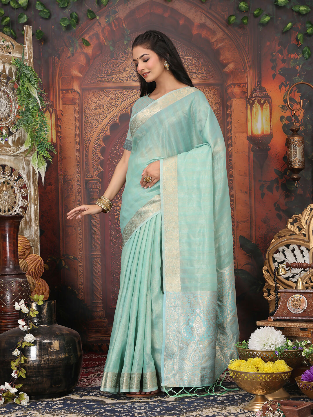 Shree Shyam Fashion Organza Rama Green Saree - Distacart
