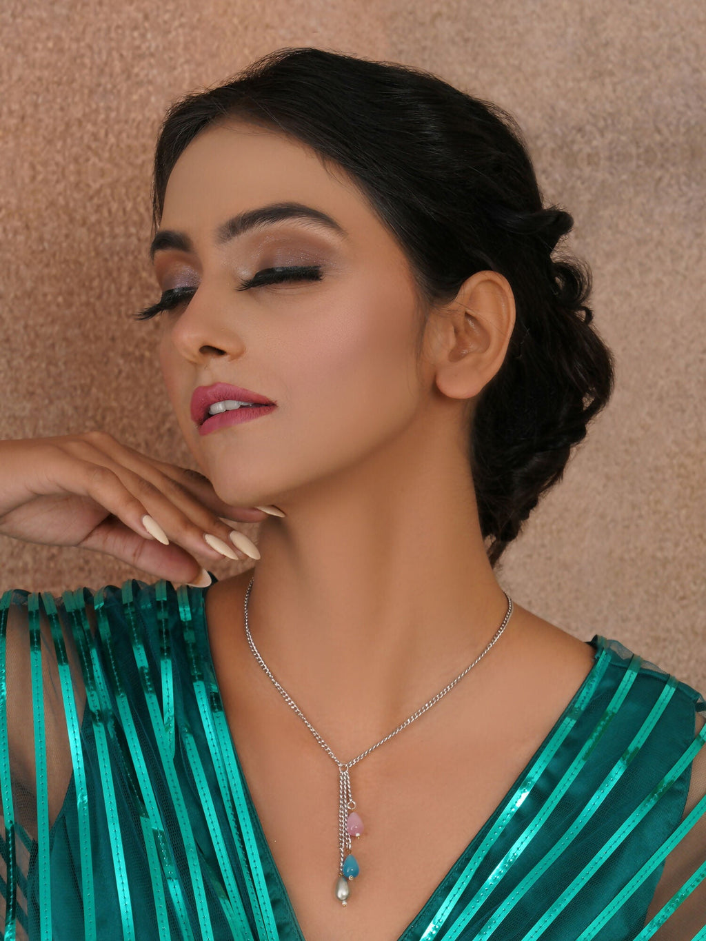 Long Silver Neckpiece with Multi Stones (silver) - Ruby Raang