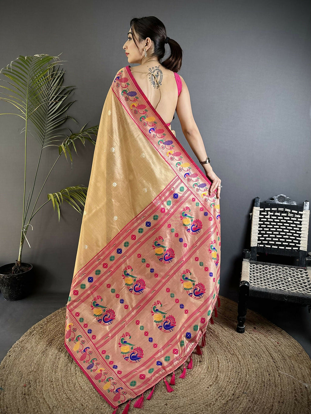 Joban Fashion Beige Zari Weaving Tissue Paithani Saree - Distacart