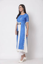 Myshka Viscose Printed 3/4 Sleeve Round Neck Casual Blue Women's dress
