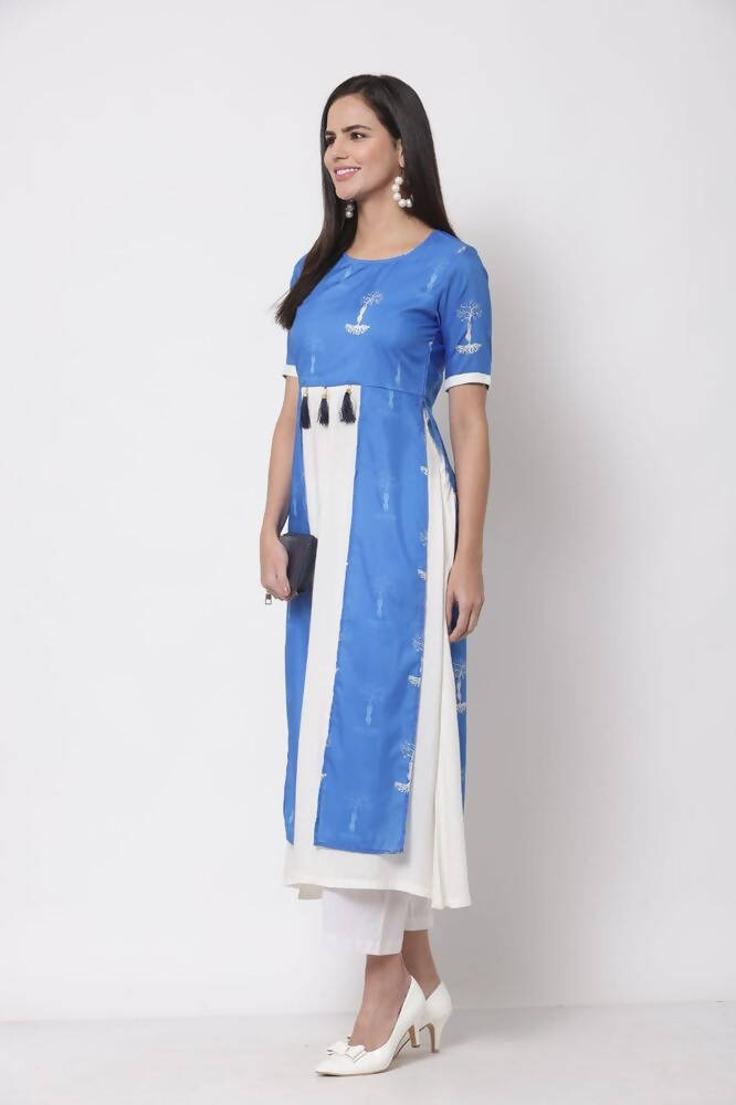 Myshka Viscose Printed 3/4 Sleeve Round Neck Casual Blue Women's dress
