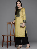 Ahalyaa Women Floral Yoke Design Gotta Patti Velvet Kurta - Mustard Color