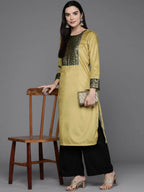 Ahalyaa Women Floral Yoke Design Gotta Patti Velvet Kurta - Mustard Color