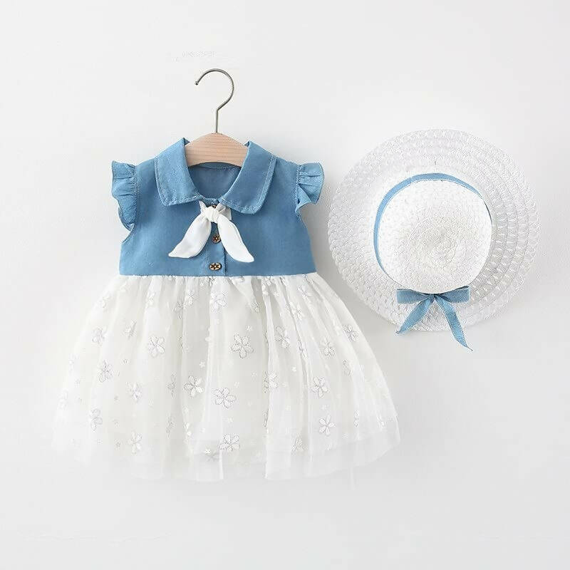 Bold N Elegant Cap Sleeve Denim Embroidered Midi Party Dress Frock with Hat Dress - Floral White