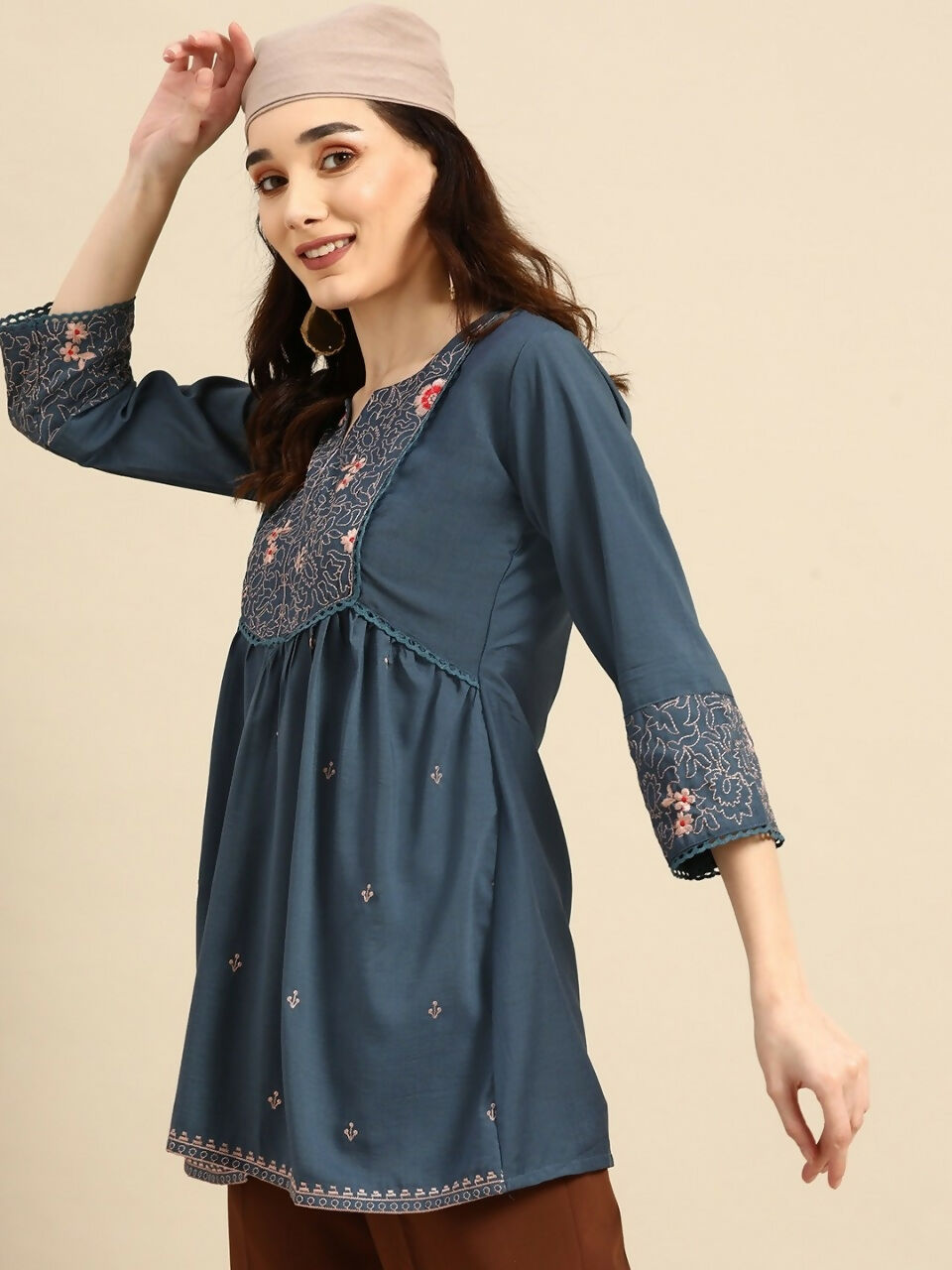 Women's Turquoise Blue Viscose blend Embroidered Short Top - Marina