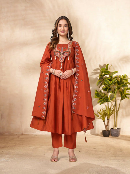 Lehenga Mart Designer Anarkali Suit With Kurta, Pant, Dupatta For Women-Rust Orange