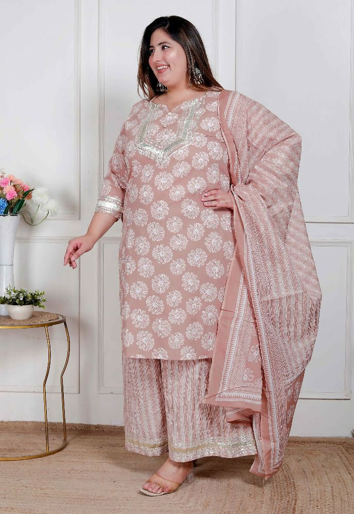 Miravan Plus Size Women Brown Floral Printed Cotton Straight Ethnic Kurta With Palazzo And Dupatta - Distacart