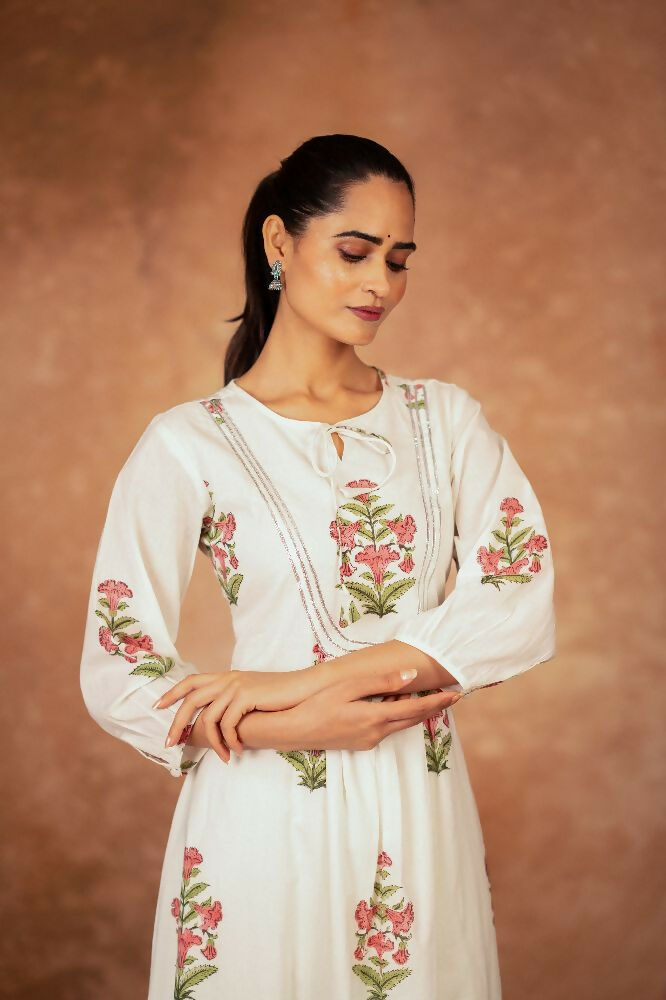 Joban Fashion Off White Pink Floral Hand Block Printed Cotton Kurta Pant Set - Distacart