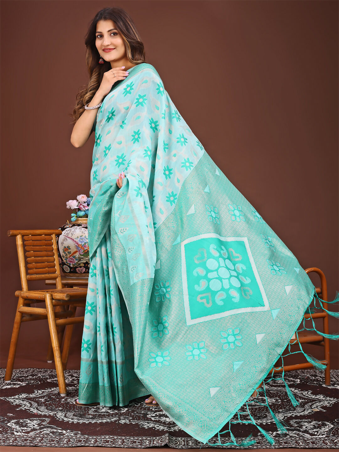 Shree Shyam Fashion Sajni Sea Green Linen Cotton Saree