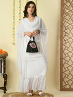 Myshka Women's White Georgette Kurti & Skirt With Dupatta Party Sets