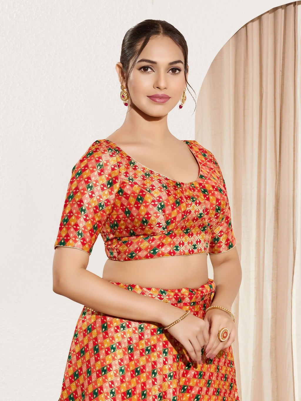 Joban Fashion Red Jacquard Padded Blouse With Round Neck Elbow Sleeves - Distacart