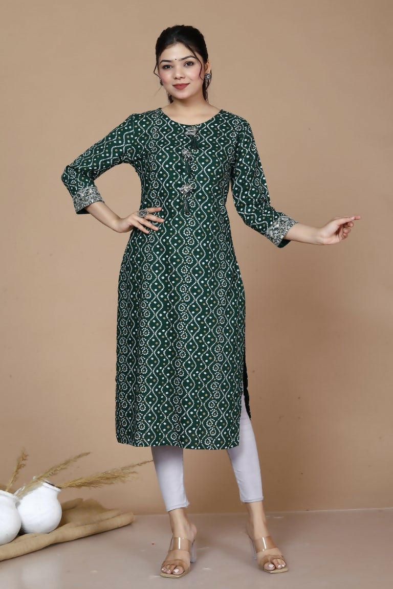 Miravan Women's Rayon Bandhani Print Straight Kurta Green