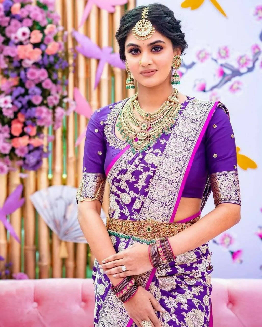 DEIANA'S Beautiful Designer Golden zari Soft Lichi Silk Saree - Purple