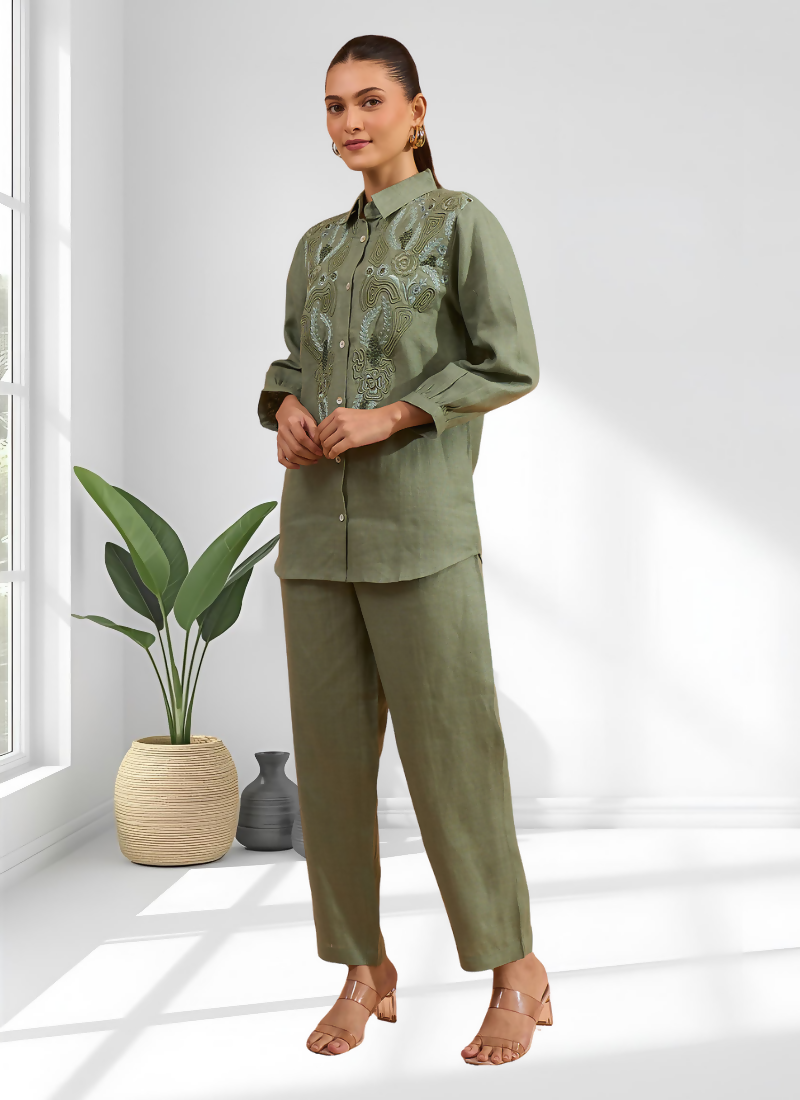 Joban Fashion Pista Green Linen Embroidered Readymade Cord Set - Distacart