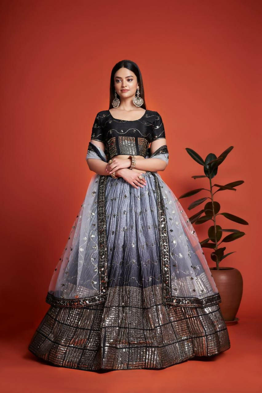 Jyoti Fashion Women's Black Heavy Chinon Sequins Embroidered Designer Lehenga Choli Set