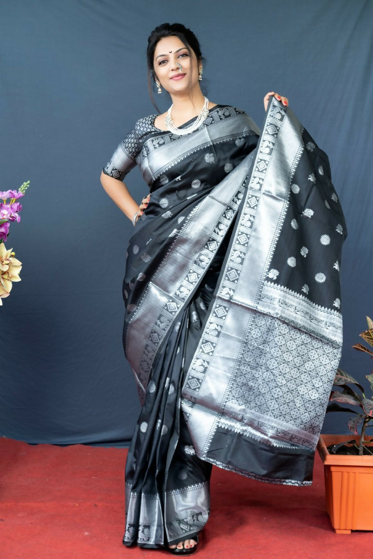 Jyoti Fashion Women's Black Soft Banarasi Silk Zari Woven Saree with Blouse