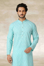 Raivat Ethnic Cotton Printed Work Kurta Pajama In Sky Blue Colour
