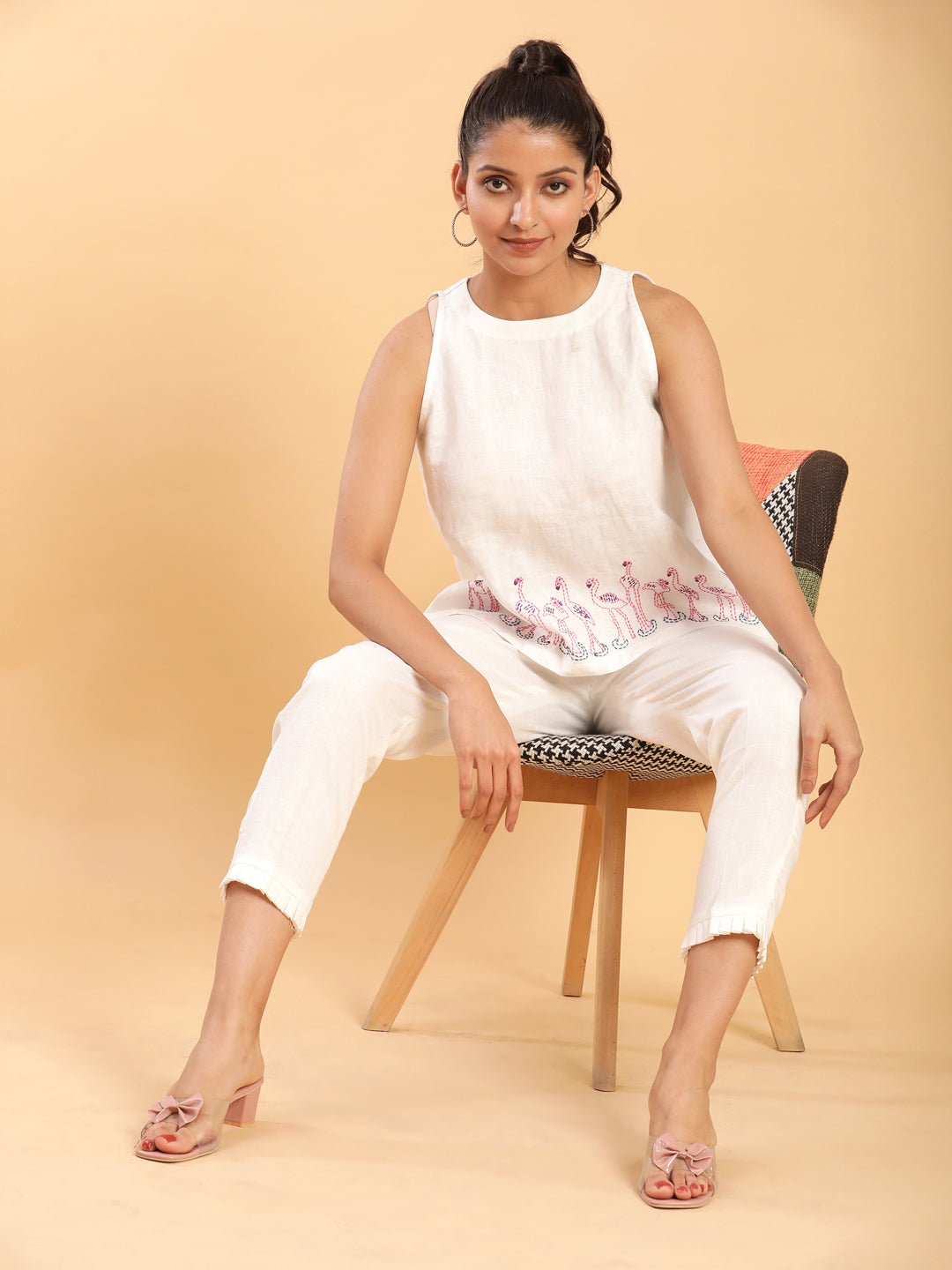 BohoJazz Flamingo Embroidered Linen Co-ord Set - Distacart