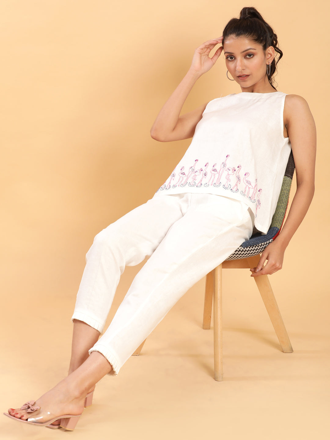 BohoJazz Flamingo Embroidered Linen Co-ord Set - Distacart