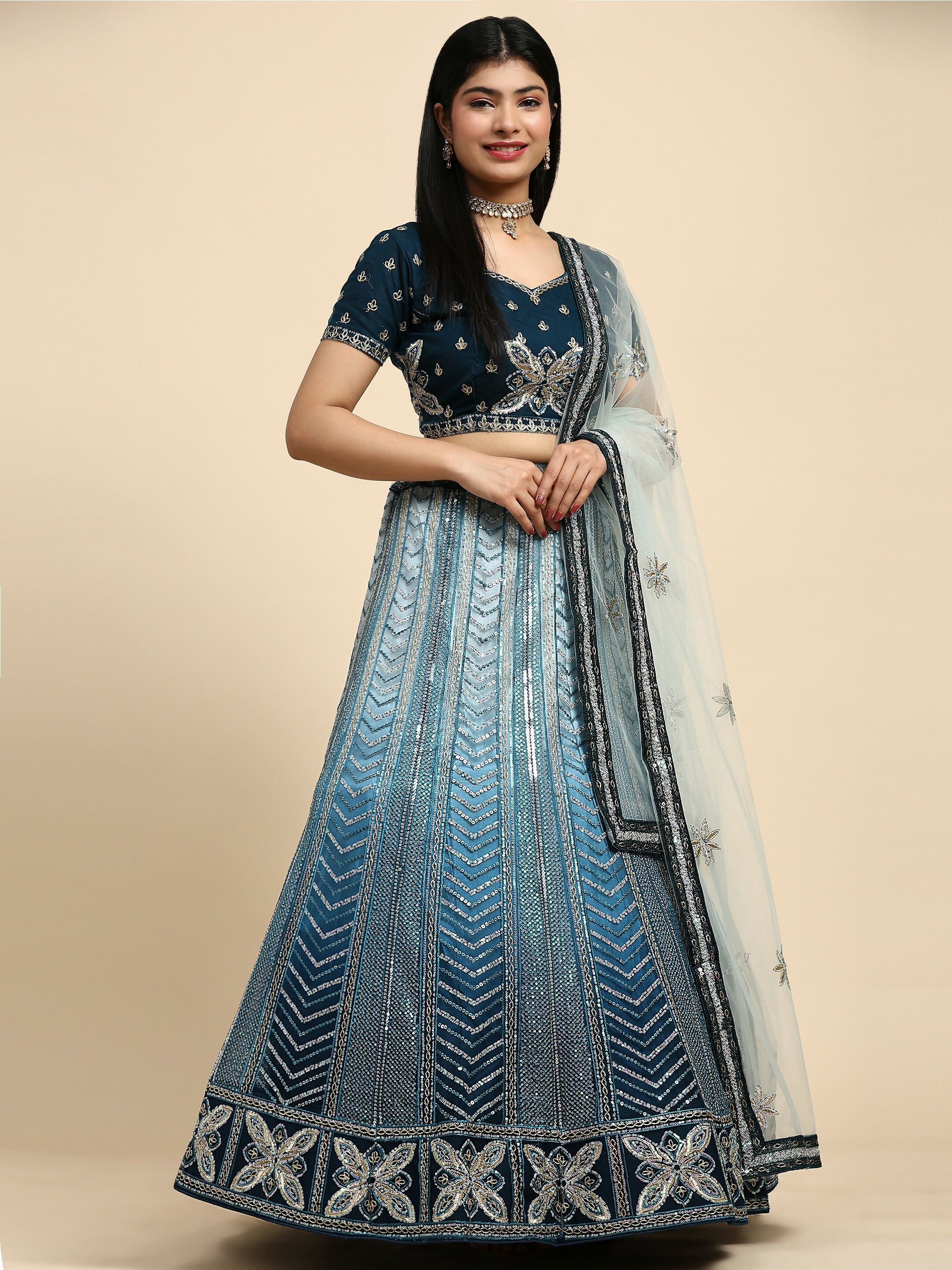 Blue Fancy Net Sequence Embroidered Lehenga Choli with Dupatta - Dhara