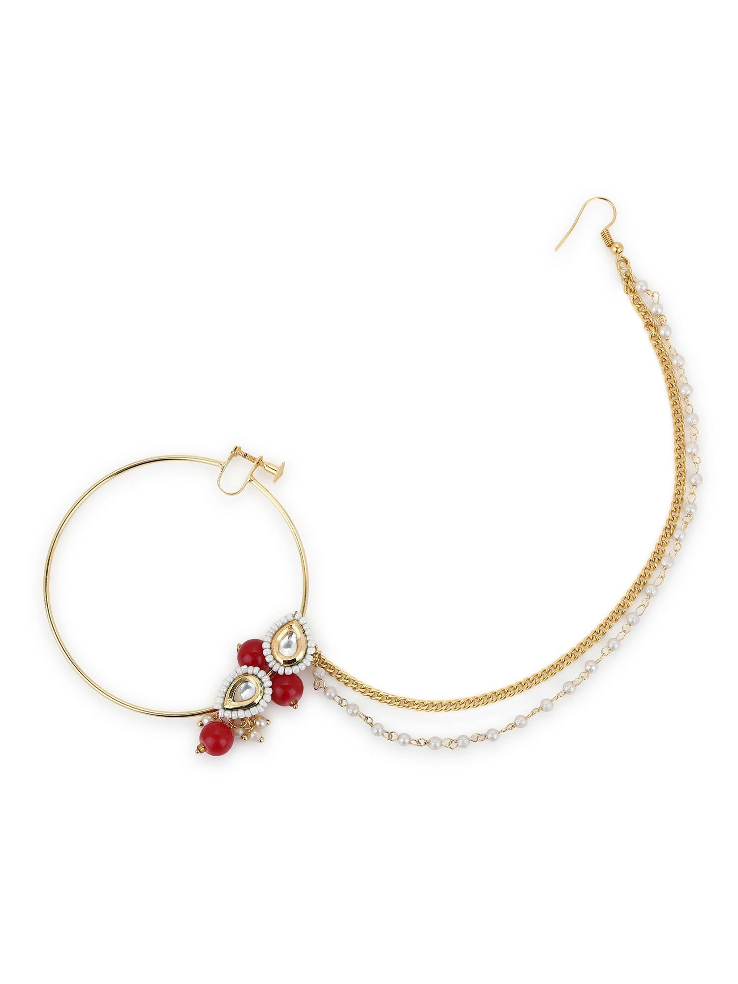 Gold-Pleated Red White Kundan Studded Beaded Nosepin - Ruby Raang - Distacart