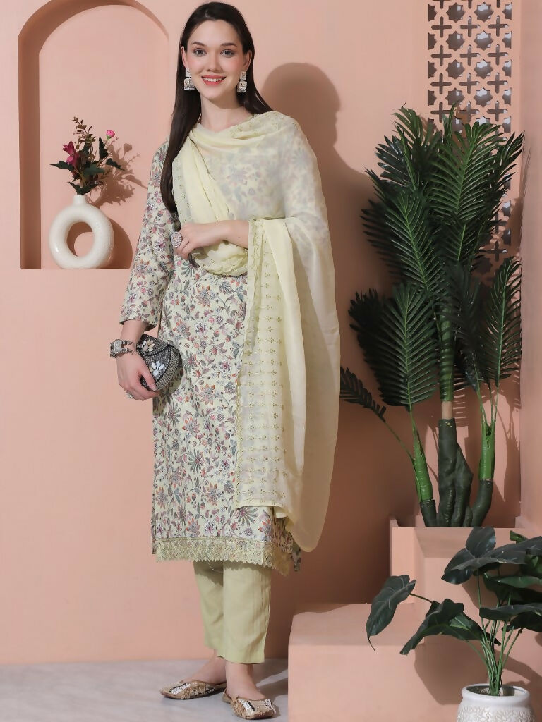 Jyoti Fashion Women's Green Cotton Floral Digital Printed Kurta with Trouser & Dupatta