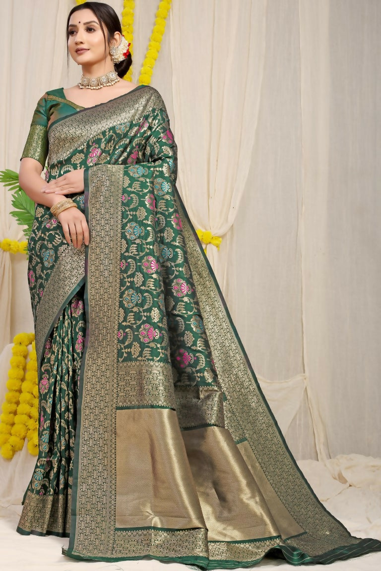 Jyoti Fashion Women's Bottle Green Kanjivaram Silk Zari Woven Saree with Blouse - Distacart